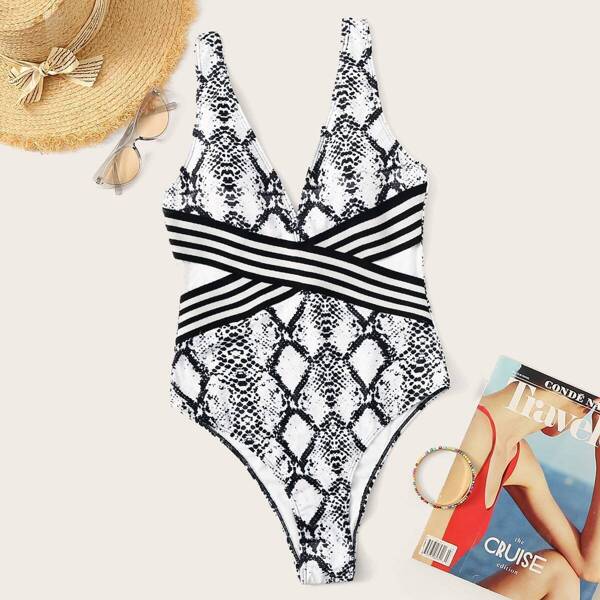 

Striped Criss Cross Snakeskin One Piece Swimsuit