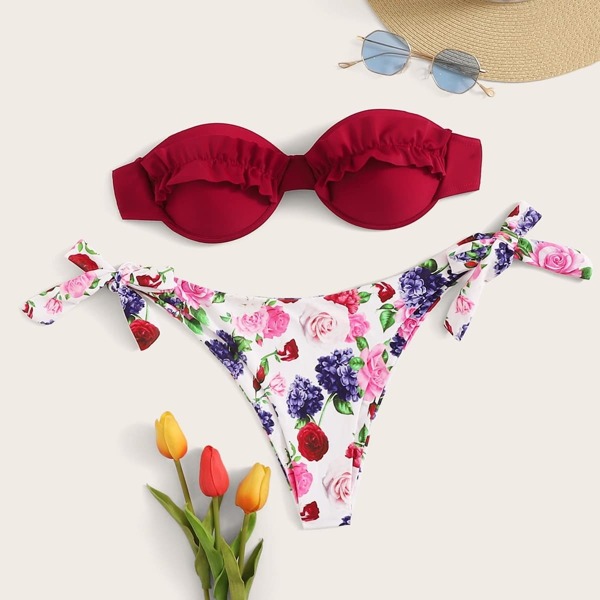 

Frill Trim Underwire Bandeau With Random Floral Bikini