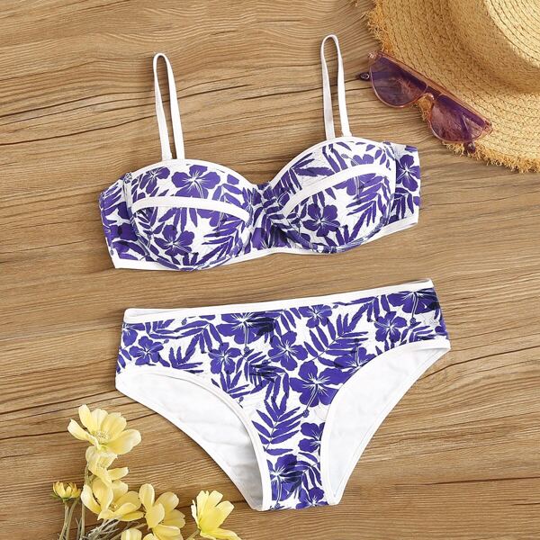 

Leaf Print Seam Detail Underwired Bikini Set
