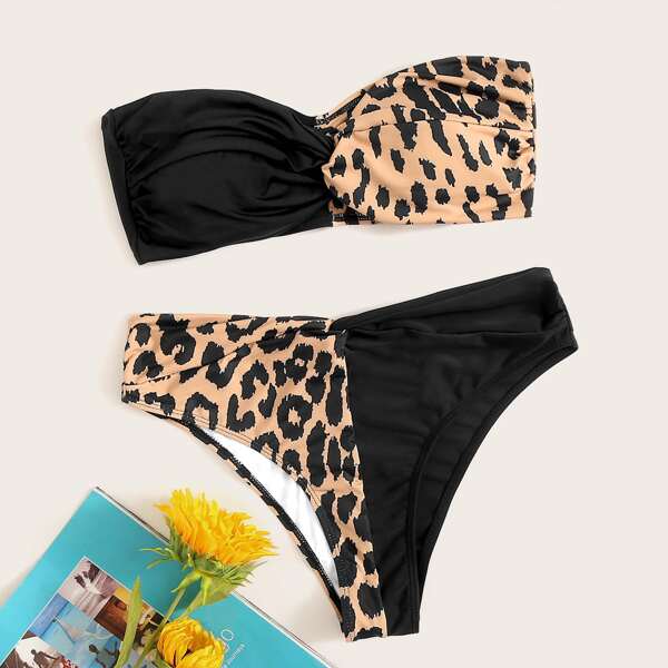 

Contrast Leopard Twist Bandeau Bikini Set, Multicolor