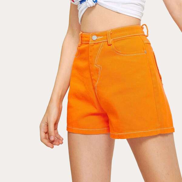 

Neon Orange Pocket Back Denim Shorts, Orange bright