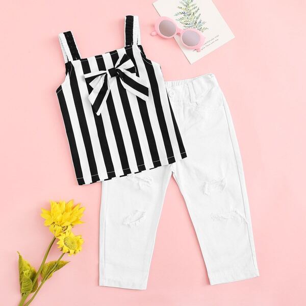 

Toddler Girls Bow Front Striped Strap Top With Ripped Pants, Black and white