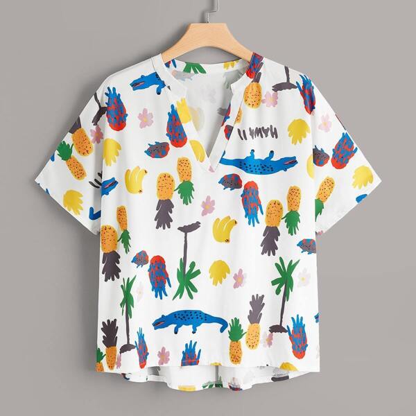 

Plus Fruit Print High Low Blouse, Multicolor