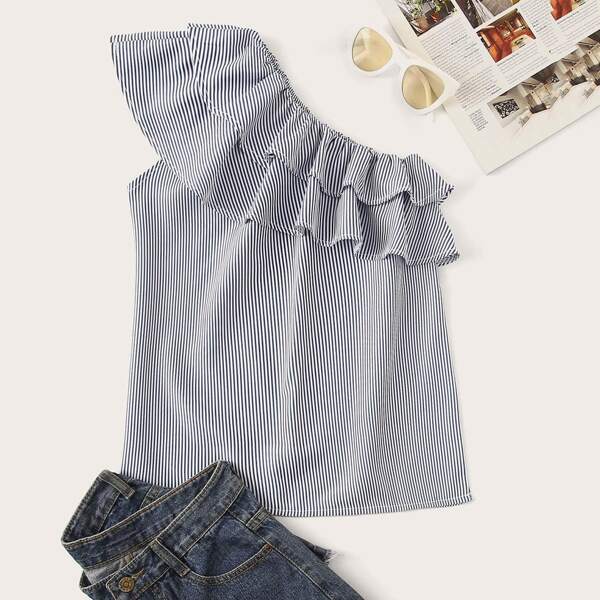 

Plus One-shoulder Ruffle Trim Striped Blouse