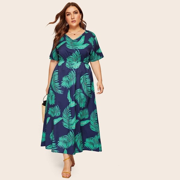 

Plus V-neck Leaf Print Dress