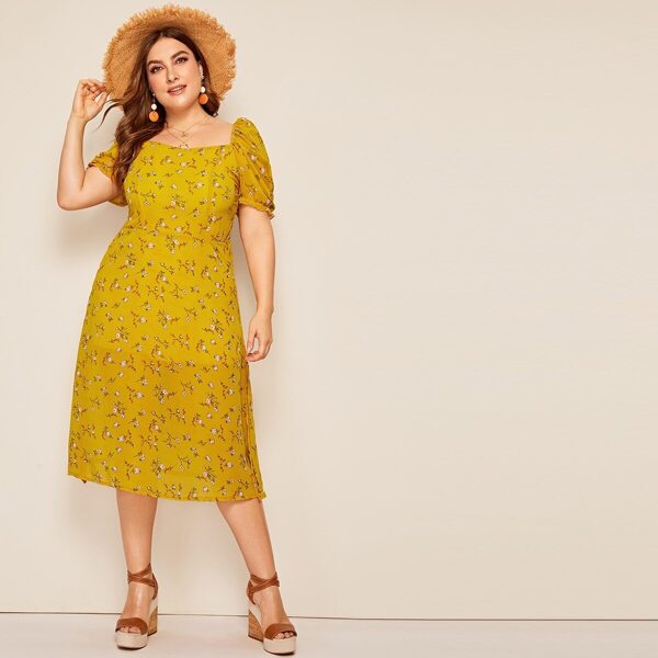 

Plus Ditsy Floral Square Neck Split Side Dress