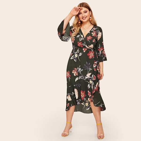 

Plus Floral Print Surplice Front Tie Side Dress