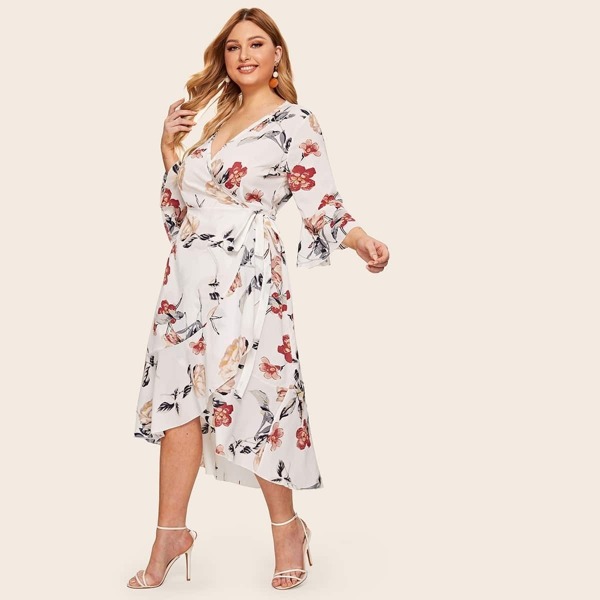 

Plus Floral Print Surplice Front Tie Side Dress, White