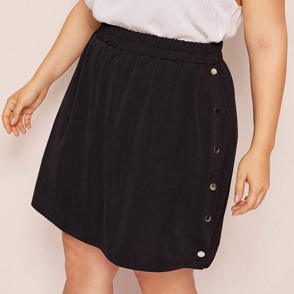 

Plus Button Side Elastic Waist Skirt