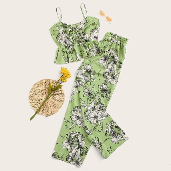 

Plus Floral Print Knot Cami Top With Pants, Multicolor