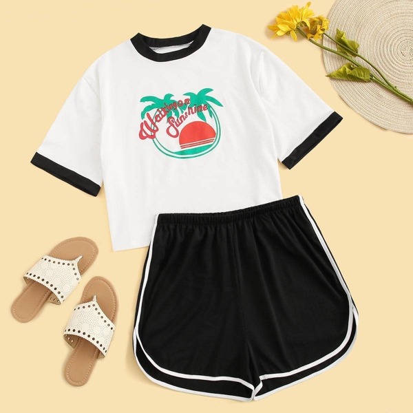 

Plus Letter Print Contrast Binding Tee With Dolphin Shorts