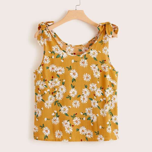 

Plus Floral Print Knot Tank Top, Yellow