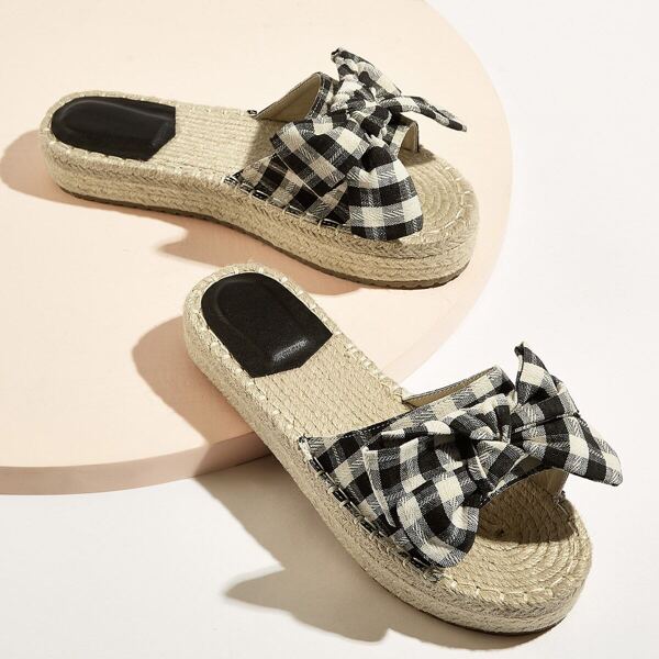 

Plaid Pattern Bow Tie Flat Slippers, Black and white