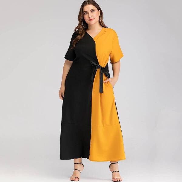 

Plus Spliced Lace Tie Side Maxi Dress, Multicolor