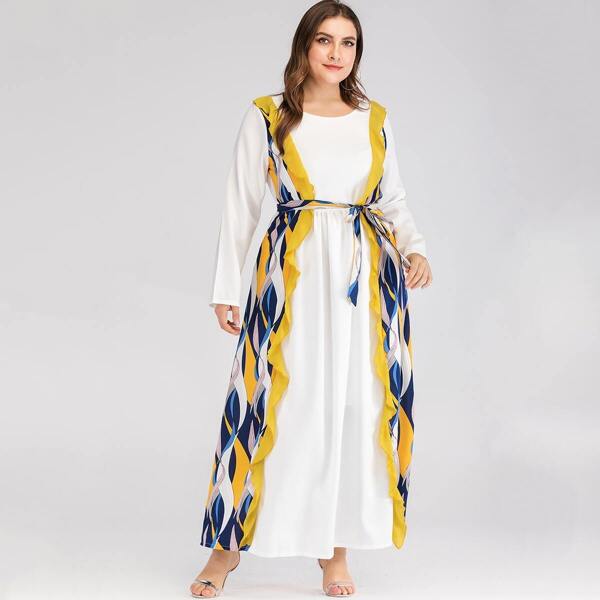 

Plus Contrast Striped Print Belted Maxi Dress, White