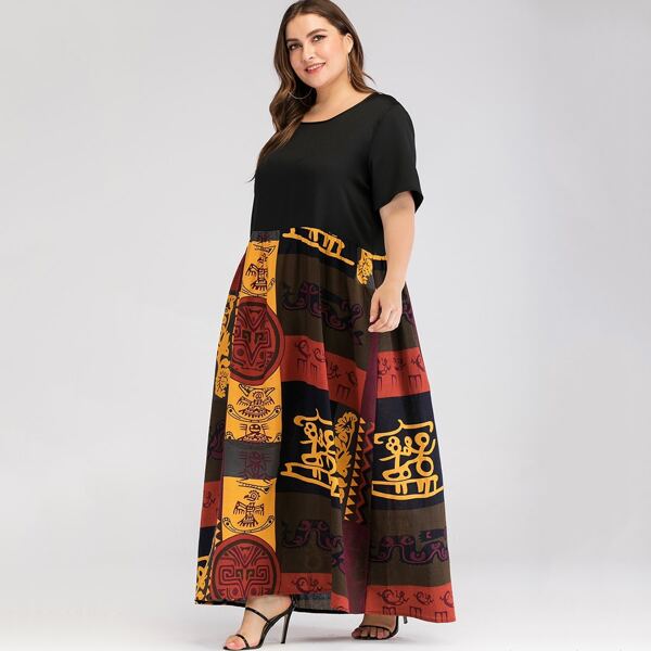 

Plus Graphic Print Hidden Pocket Maxi Dress, Multicolor