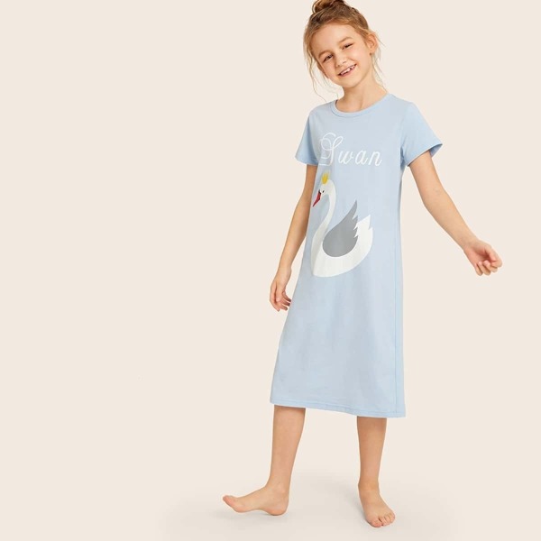 

Girls Swan & Letter Graphic Night Dress, Blue pastel
