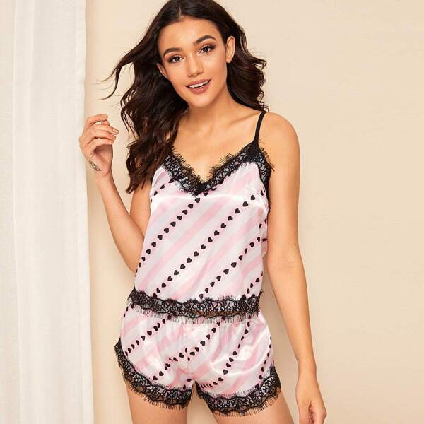 

Heart Print Striped Lace Trim Satin Cami PJ Set