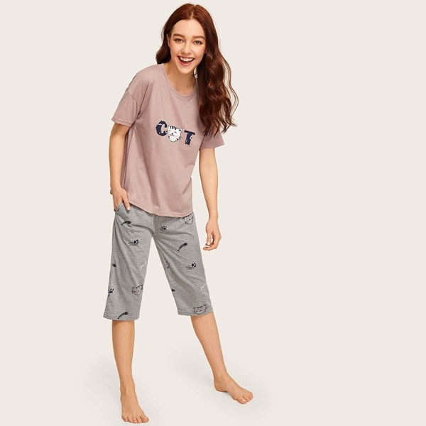

Cat & Letter Print Pajama Set