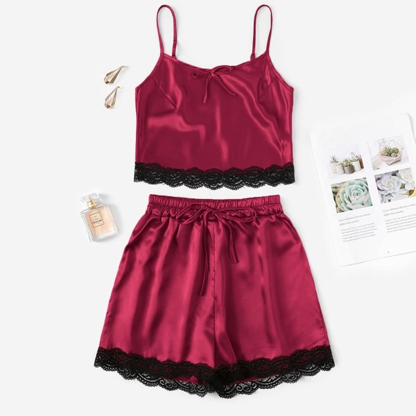 

Crochet Trim Satin Cami PJ Set