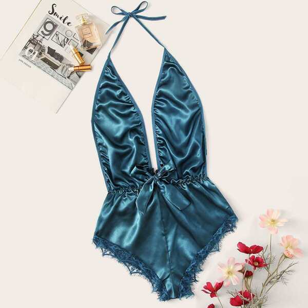 

Lace Trim Satin Romper Bodysuit