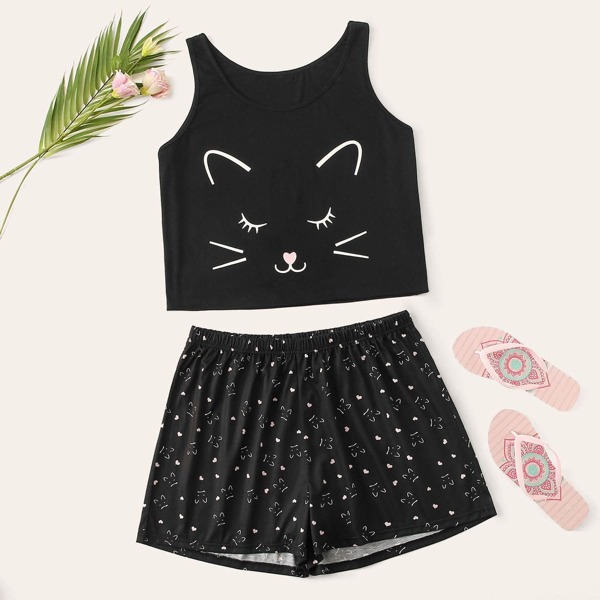 

Plus Cartoon Graphic Pajama Set, Black