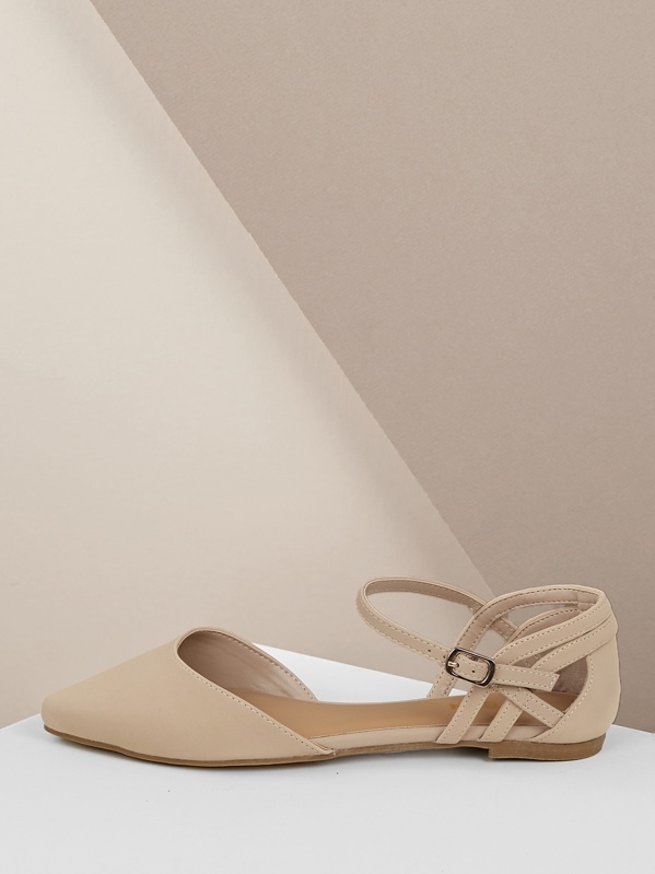 

Cut Out Detail Pointy Toe Ankle Strap Ballet Flats, Nude