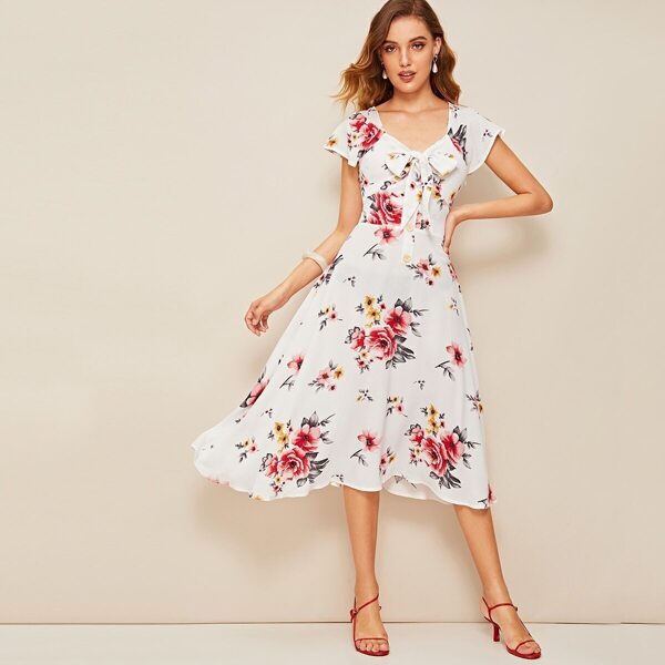

40s Tie Neck Flutter Sleeve Floral Sweetheart Dress