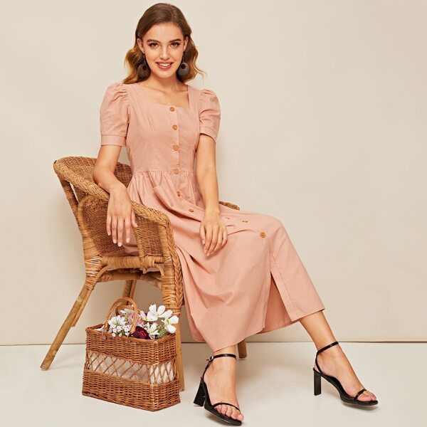 

Puff Sleeve Pocket Patched Button Up Dress, Pink pastel