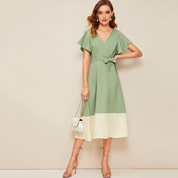 

Flutter Sleeve Two Tone Surplice Wrap Dress, Green pastel