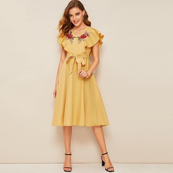 

Ruffle Armhole Floral Embroidered Self Belted Dress, Yellow