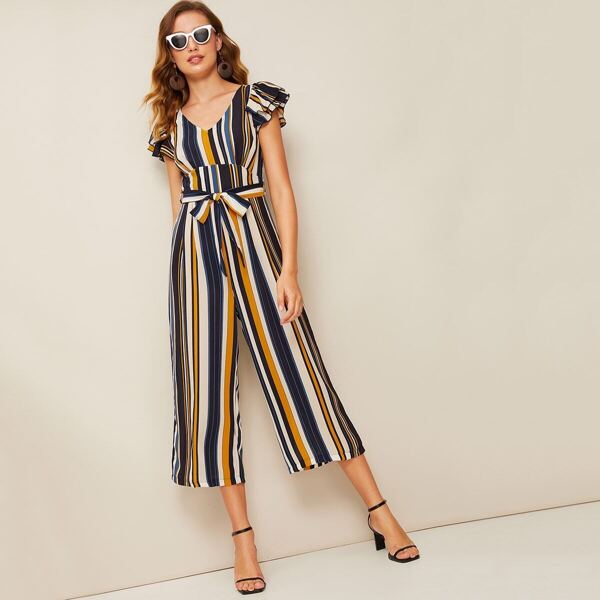 

50s Layered Ruffle Sleeve Wide Leg Striped Jumpsuit, Multicolor