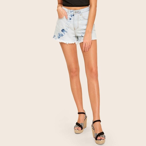

Tie Dye Raw Hem Denim Shorts
