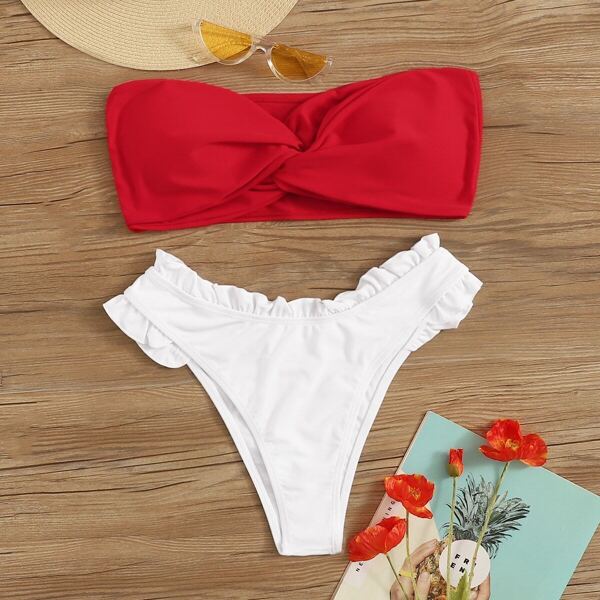 

Two Tone Twist Top With Frill Trim Bikini Set