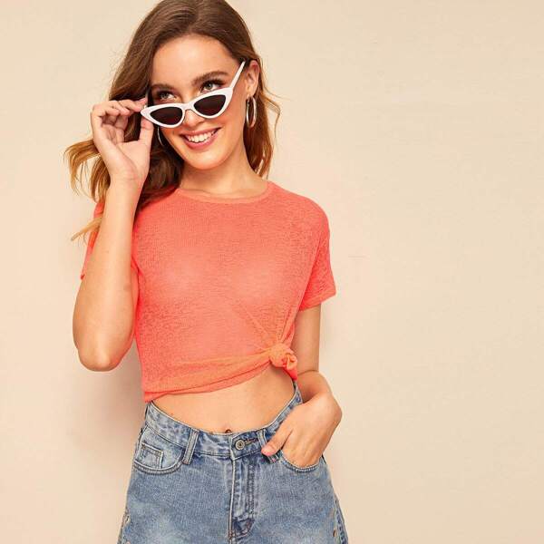 

Neon Orange Semi Sheer Top, Orange bright