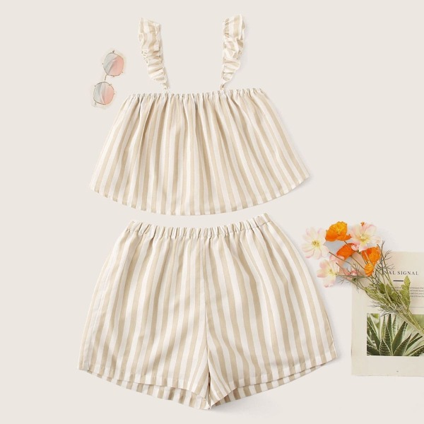 

Striped Flowy Top With Ruffle Strap and Shorts Set, Beige