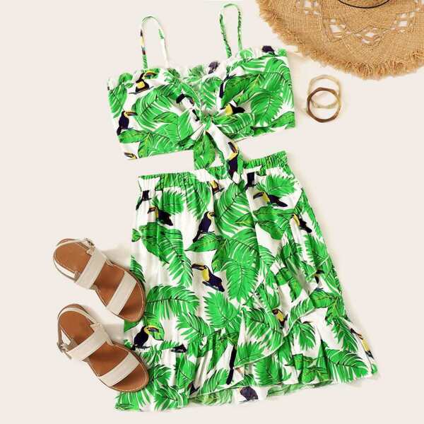 

Tie Front Cami Top and Wrap Ruffle Skirt Set, Multicolor