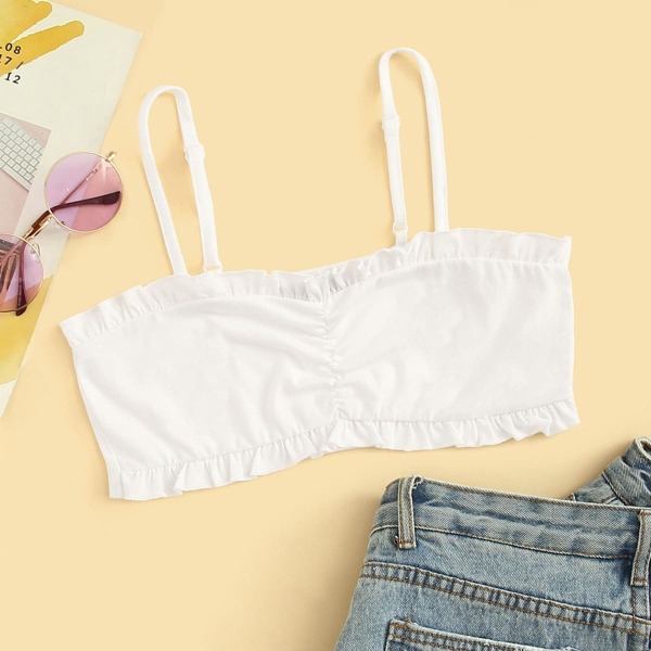 

Frill Trim Ruched Front Crop Cami Top, White
