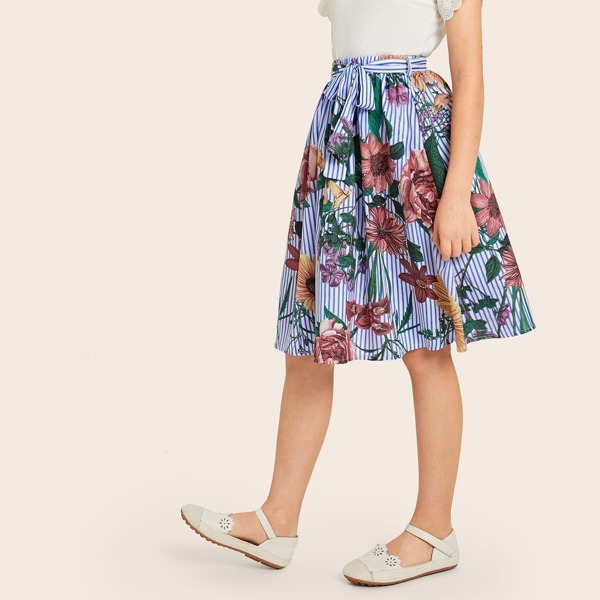 

Girls Striped & Floral Belted Skirt