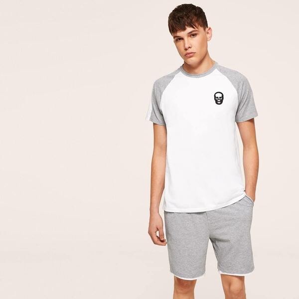 

Men Halloween Skull Patched Heather Grey Tee and Shorts PJ Set, Multicolor