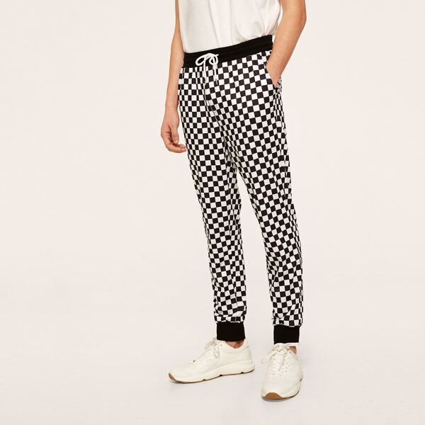 

Men Drawstring Checked Panel Sweat Pants, Black and white