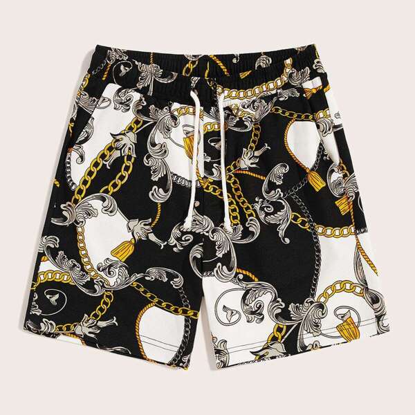 

Men Scarf Print Slant Pocket Detail Sweat Shorts, Black and white