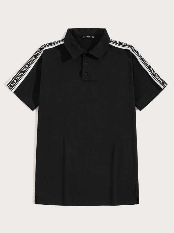 

Men Letter Tape Yoke Polo Shirt, Black