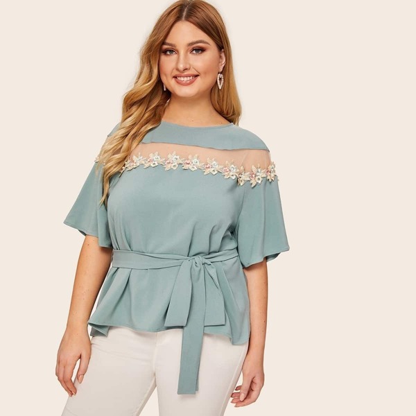 

Plus Mesh Insert Embroidered Applique Belted Top, Green pastel
