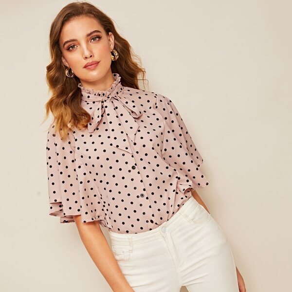 

Polka-dot Tie Frilled Neck Flutter Sleeve Top, Pink