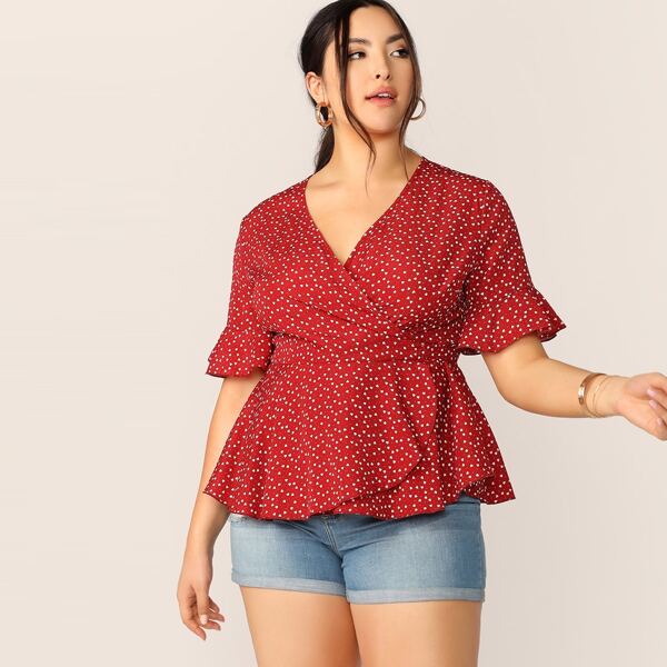 

Plus Flounce Sleeve Wrap Belted Peplum Blouse