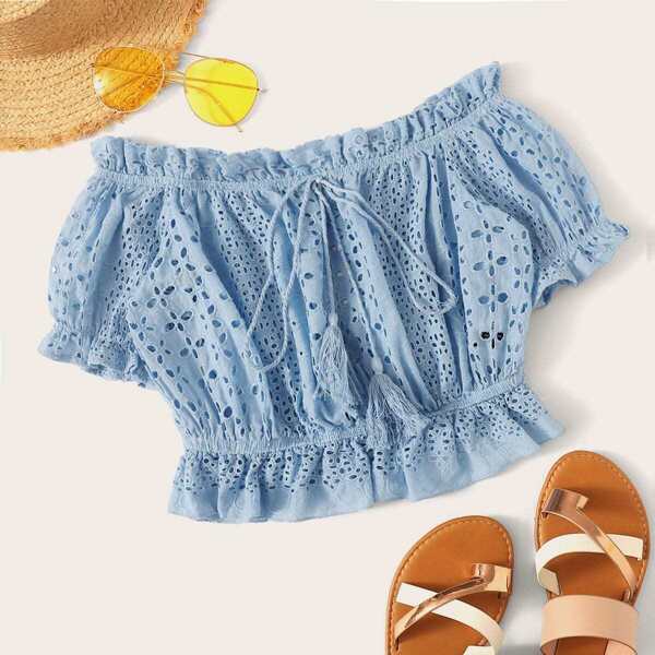 

Ruffle Hem Tie Fringe Schiffy Top, Blue pastel