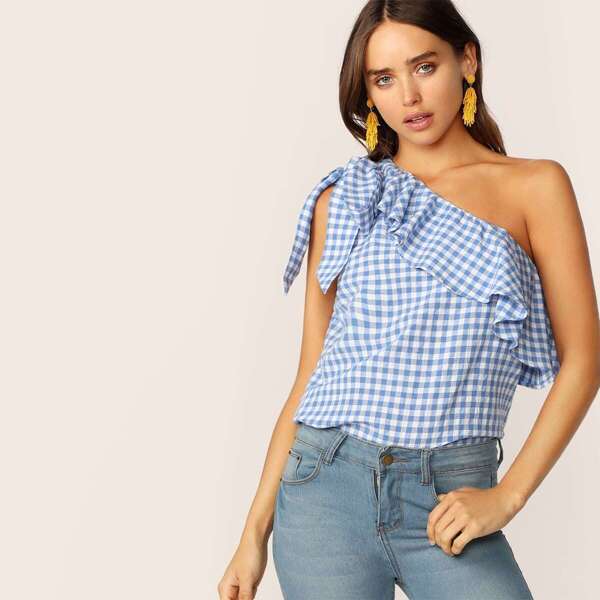 

Gingham One Shoulder Ruffle Overlay Top