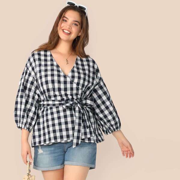 

Plus Buffalo Plaid Wrap Belted Blouse, Multicolor