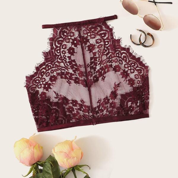 

Sheer Eyelash Lace Crop Halter Top